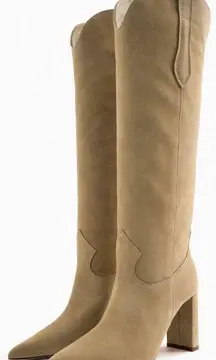 boots leather suede tan camel high tops knee heels heeled cowboy