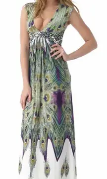 Sky Peacock Feather Print Boho Maxi Dress Braided Empire Waist Purple $250 sz M