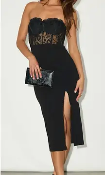 LULU’S Exquisitely Sultry Black Lace Strapless Bustier Midi Dress