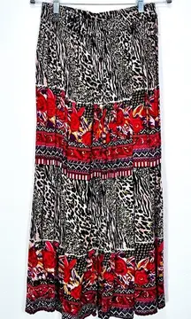Vintage Across Leopard Zebra Floral Print Button Front Pull On‎ Maxi Skirt OSFM