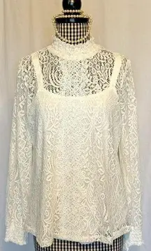 cable gauge lace top women LARGE Creamy white mock neck long sleeve lined blouse