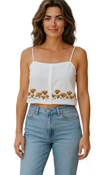Forever21 Pink Embroidered Floral Button Front Crop Top Spaghetti Strap‎ Size Sm