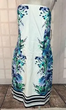 New York & Company Strapless White Blue and Green Floral Dress Size 14 NWT