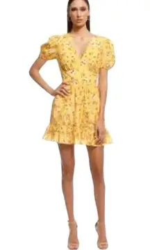 LA MAISON TALULAH YELLOW FLORAL PRINT SHORT PUFFY SLEEVE VNECK DRESS RUFFLE HEM