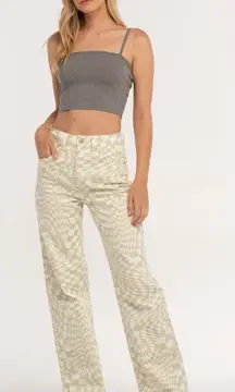 RSQ by Tilly’s Green &‎ Off-White Wavy Check Wide Leg Denim Jeans Size 26