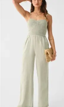 Faherty Mandy Smocked Linen Jumpsuit Desert Sage