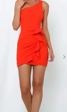 HELLO MOLLY BACKSTAGE PASSES DRESS BRIGHT RED One Shoulder Ruffle Mini, Size 2