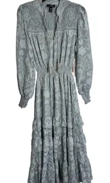 AQUA Smocked Maxi Dress Tiered Ruffle Long Sleeve Boho‎ Chic XS