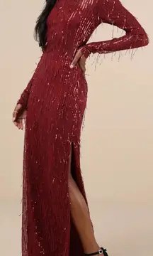 Sheer Fascination Burgundy Sheer Mesh Sequin Fringe Maxi Dress