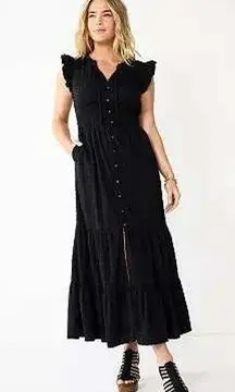 Sonoma Black‎ Maxi Dress Ruffle Sleeve Smocked Button Front Bohemian Medium
