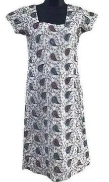 Embroidered Peacock Feather Dress, Paisley Print White Casual Summer Dress Small