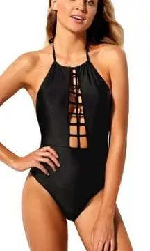 Black one piece halter swimsuit with caged front