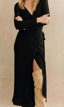 NWT La Maille Sezane Cecilia in Black Pointelle Knit Midi Wrap Sweater Dress XXL