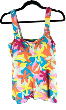Lands End Womens Flutter Tankini Top Floral Pink Blue Orange Colorful L