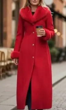 NEW VENUS RED MAXI LONG COAT FAUX FUR COLLAR CUFFS XMAS HOLIDAY GLAM SZ-18