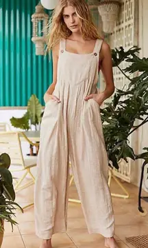Beige Wide Leg Loose Overalls Jumpsuit w/ Pockets
