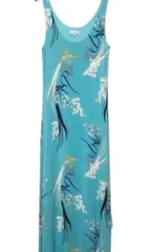 Joan Vass Teal Blue Floral Summer Maxi Dress Size Small