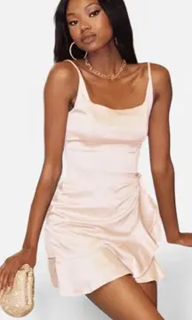 Princess Polly Cottage Hill Champagne Satin Wrap Mini Dress Ruffle Hem (Sz S/4)