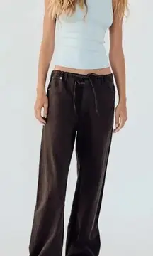 Zara Drawstring High Waisted Linen Blend Wide Leg Pants Chocolate Brown 6