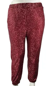 Vince Camuto Women's Red Sequin Sparkly High Waisted Tapered Jogger Pants Size L
