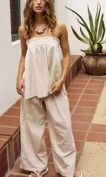 Free People Corfu Tan Cotton-Linen Pants Wide Leg Pull On XS Pockets Drawstring