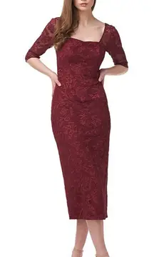JS Collections Elle Sweetheart Tea Length Dress Women's 10 Burgundy Midi NWOT