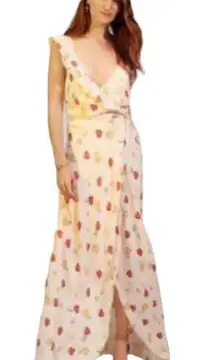 Privacy Please  Fillmore Ruffle Wrap Strawberry Print Midi Maxi Dress LARGE