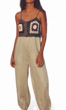 Zara Crochet Contrast Color Block Full Length Boho Linen Jumpsuit
