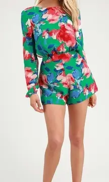 Lulus Sweetest Song Floral Print Backless Long‎ Sleeve Romper in Green Size Med