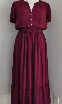 LOFT Burgundy Swiss Dot Textured Button Front Midi A-Line Dress L