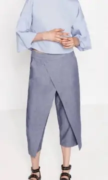 ZARA Origami Crossover Cropped Tapered Blue‎ Chambray Pants Side Pockets Size XS