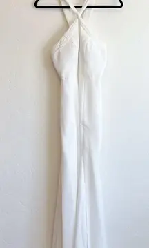 Azazie | White Halter Button Crossback Slit Floor Length Dress Gown size A2