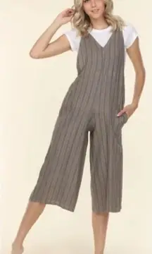 💕FRESH LAUNDRY💕 100% Linen Cropped Wide Leg Jumpsuit Blue Large *Flawed* NWOT