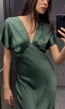 NWT Zara Green Satin Slip Midi Dress Sz Large Short Sleeve Cocktail Quiet Luxury