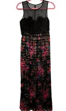 NEW  Betton Black Floral Lace Metallic 100% Silk Maxi Dress 0