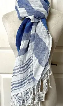 Caslon blue and white long striped linen blend fringed scarf NWT