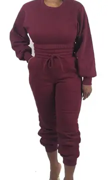 Zenana Outfitters 3 Piece Cropped Pullover, Jogger & Bodysuit Set - BURGUNDY