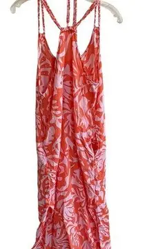 Rachel Zoe Tie Neck Halter Maxi Dress Linen Orange Coral Hibiscus Resortwear - S