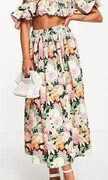 ASOS Edition Floral Cotton Tiered Midi Skirt Puff Sleeve Bandeau Top Set Size 4