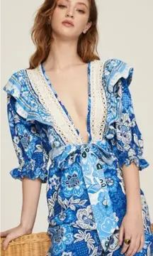 FARM Rio Full of Flowers Vibrant Blue & White Floral Jumpsuit Lace Trim sz Large