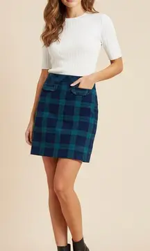 Talbots 2Petite 28” velvet A-line blue green plaid mini skirt Black Watch tartan