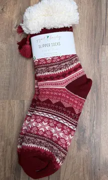Gyal Bashy Red Fair Isle Slipper Socks Sherpa Lined Non-Slip Holiday Cozy
