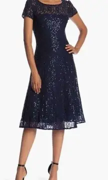 SLNY Sequined Lace Short Sleeve Midi A-Line Navy Blue Cocktail Dress Sz 16 NWT