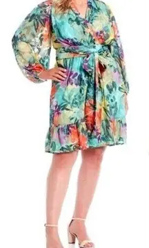 Alex Marie Simone Floral Print Long Sleeve Tie Waist V-Neck Dress Size 14