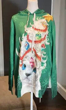 Adult Unisex Christmas Hoodie with Cat & Christmas Tree Size L/XL NEW