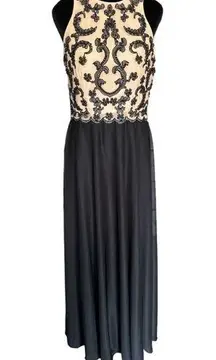 Jackie Jon NY Formal Beaded Dress Black Nude Chiffon A Line Sleeveless Size 8