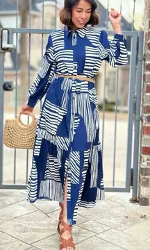 Zara Midi Button Up Shirt Dress in Blue and White Stripe