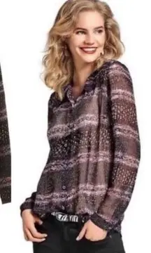 CAbi Paris Sheer Blouse #3249 Size Small Black Pink Button Down Long Sleeve Top