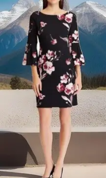 Lauren Ralph Female Sz 4 Black Pink Pullover Bell Sleeve Pleated Floral Dress
