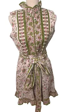 Sue Sartor sleeveless Mini Flounce Dress pink and green floral block print M